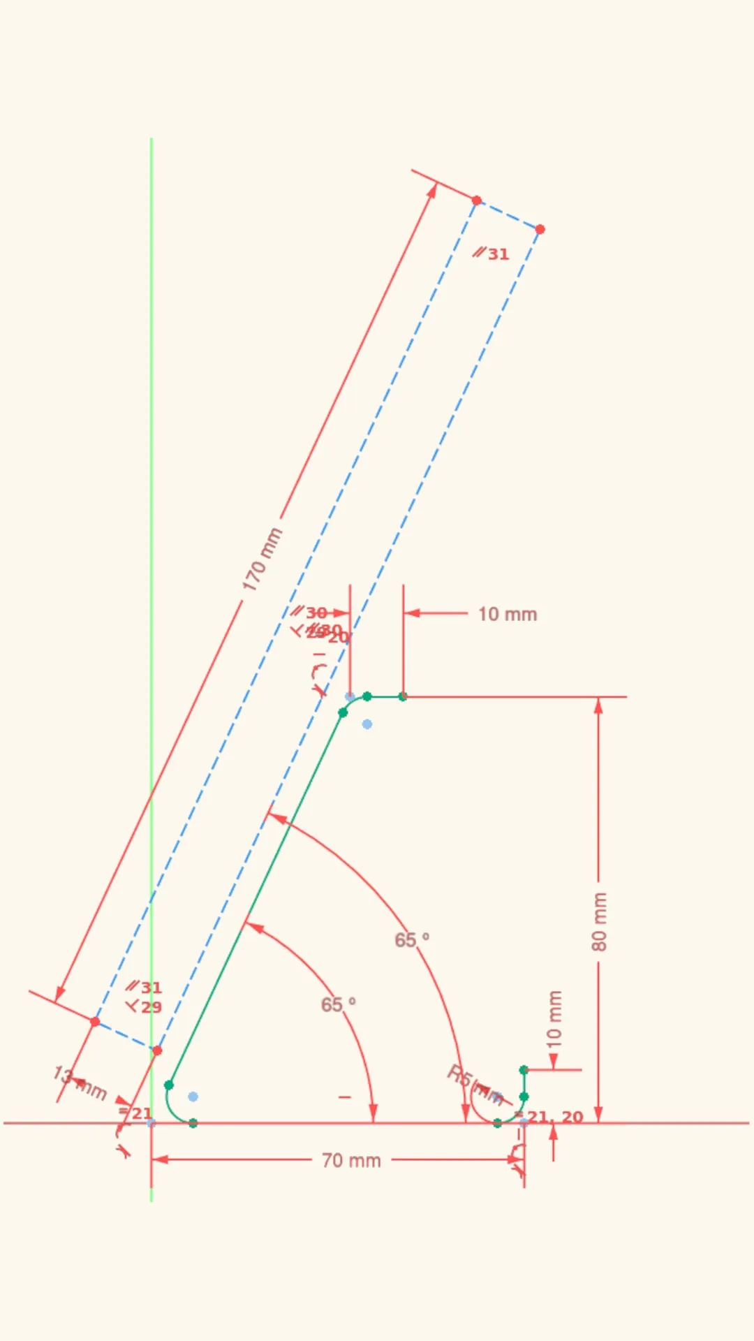 Phone stand profile sketch at 65 degree tilt in FreeCAD