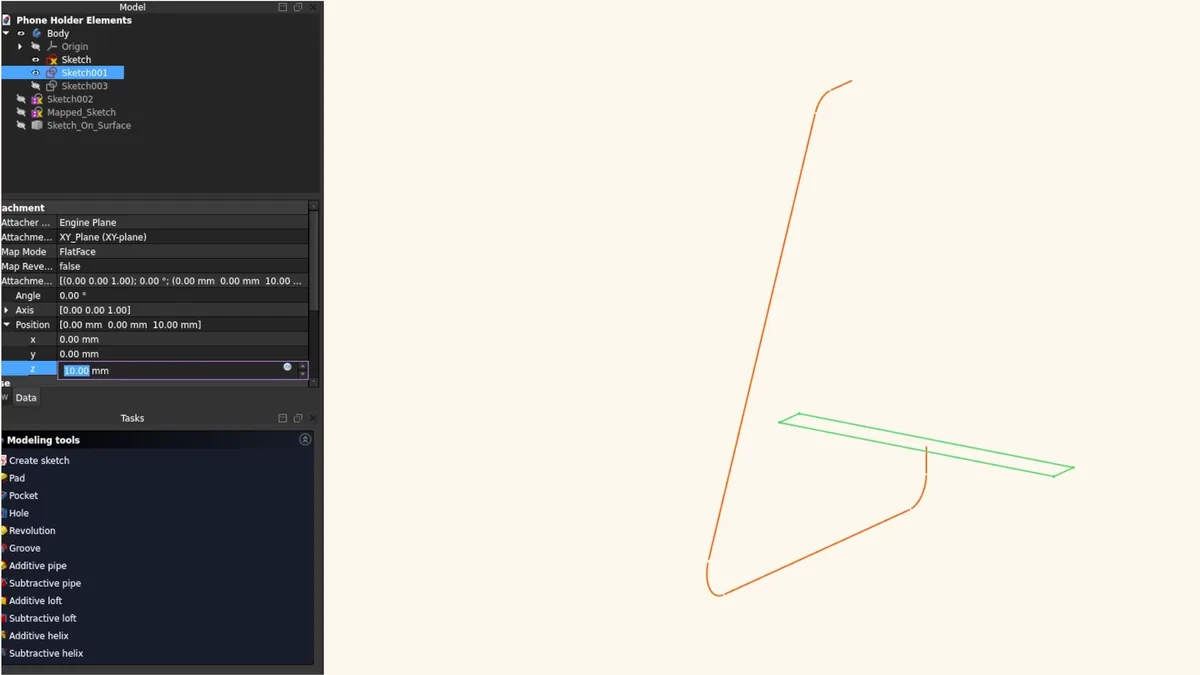 Additive pipe swept extrusion cross-section for phone stand in FreeCAD