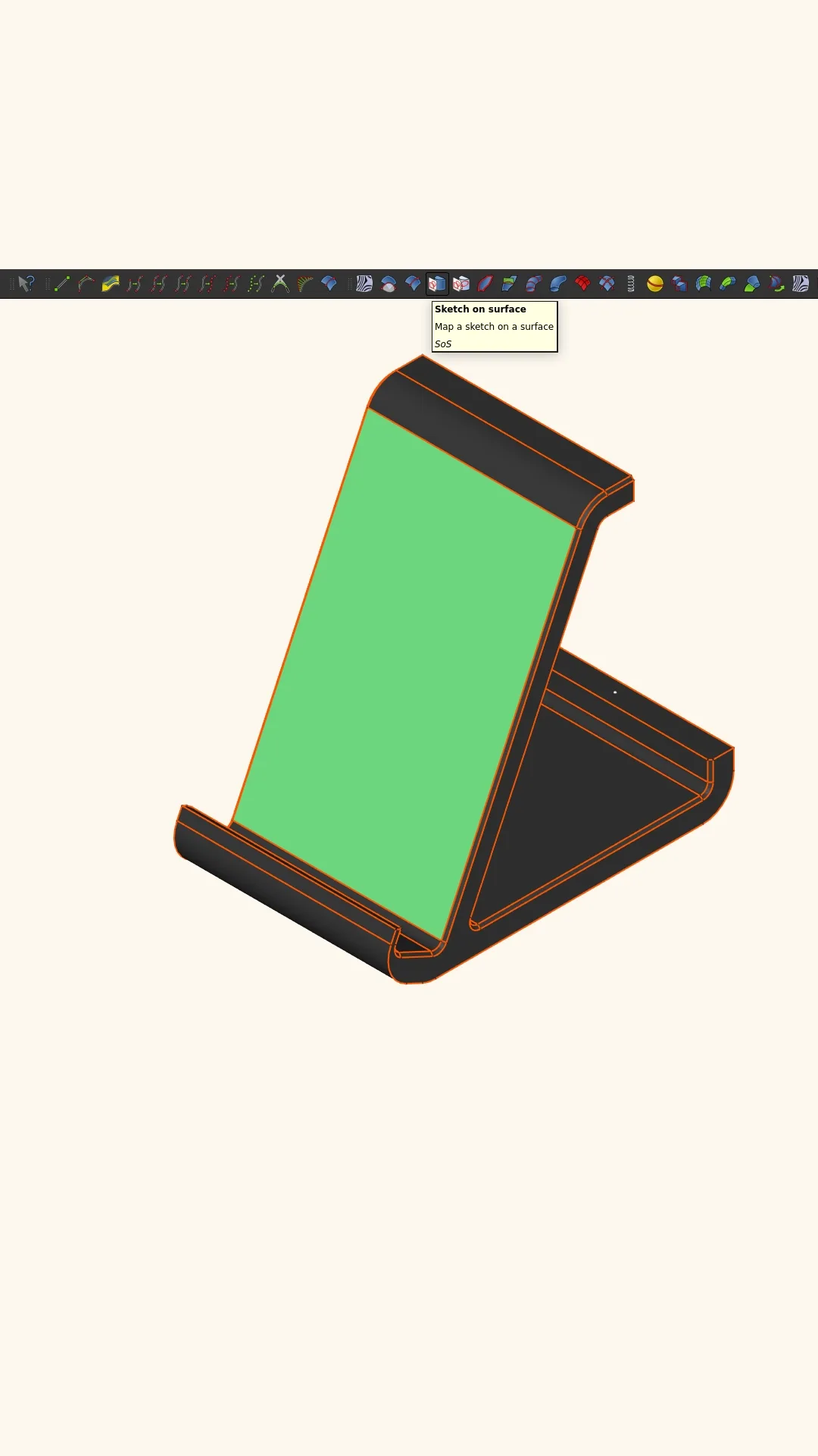 Sketch on Surface tool mapping vector design onto phone stand face in FreeCAD