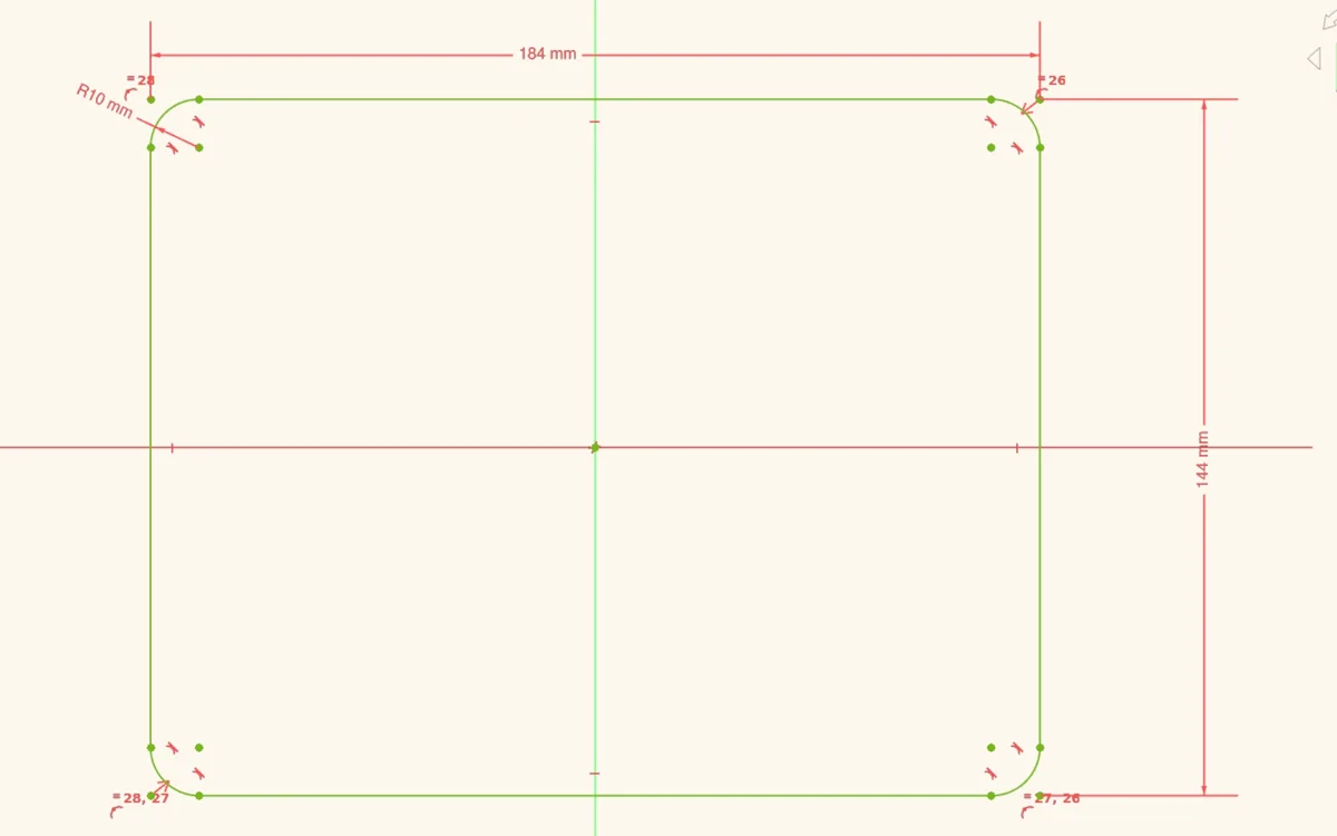 FreeCAD sketch outline of Field Notes case 184mm x 144mm