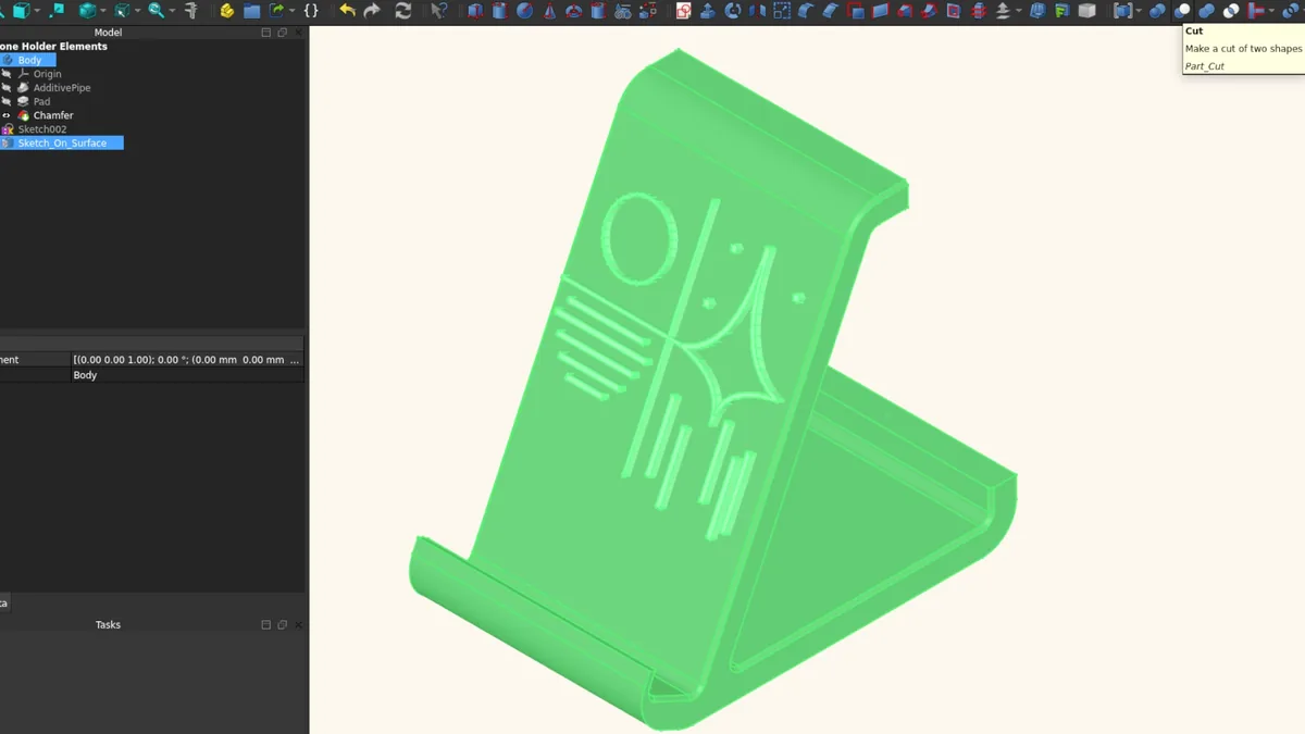 Boolean cut of vector design from phone stand body in FreeCAD