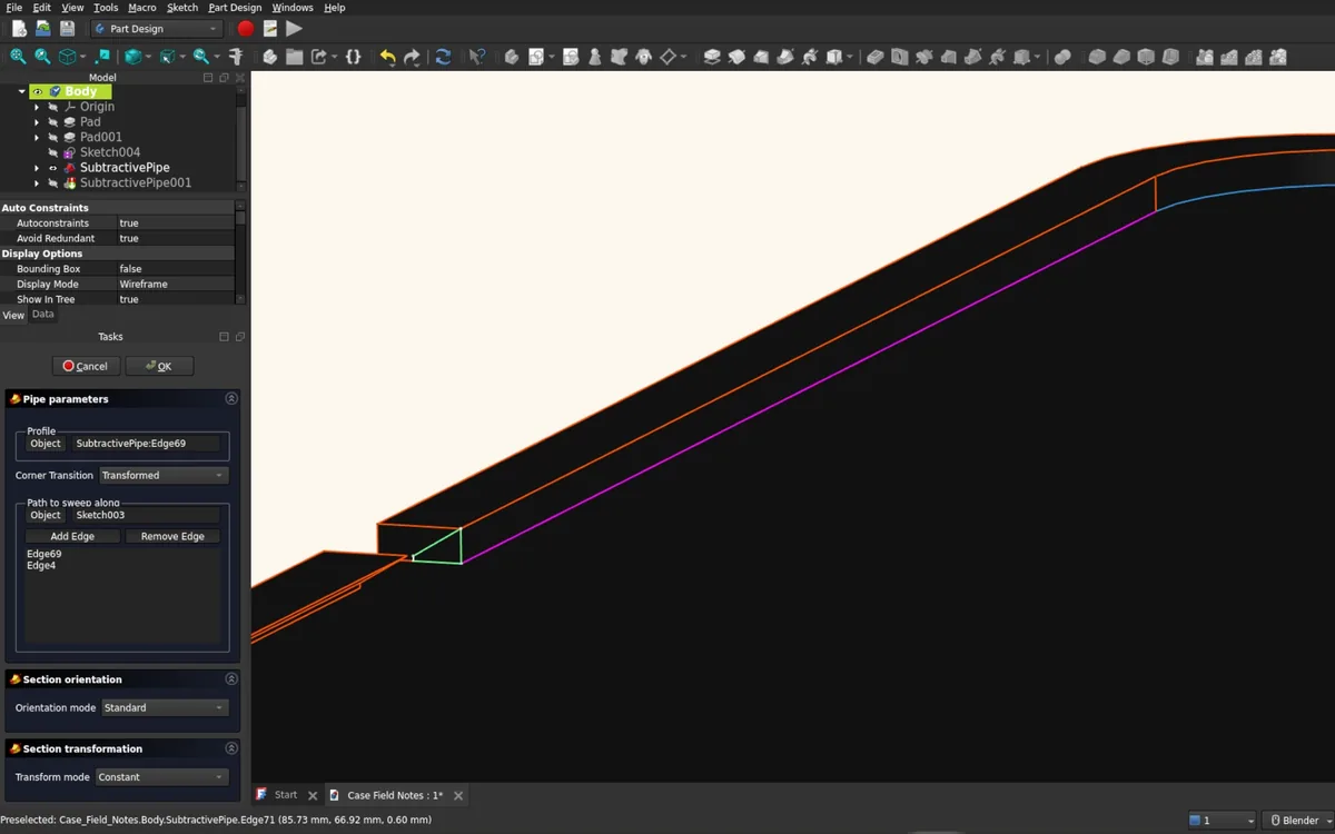 Subtractive pipe sketch and path for notepad groove