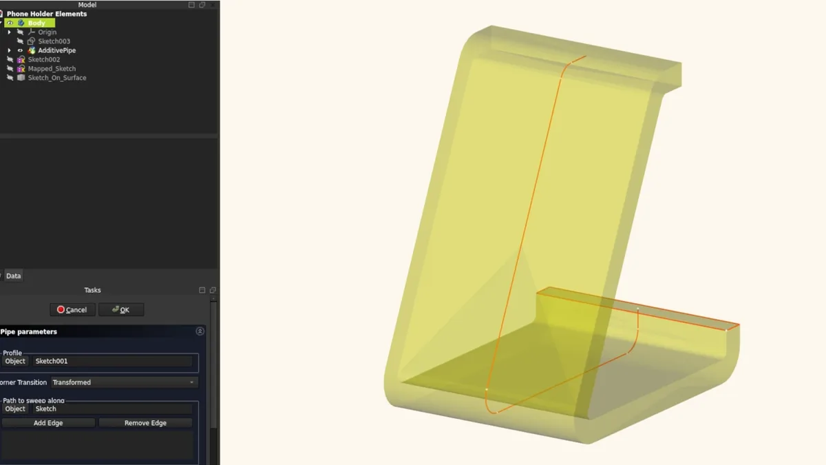 Core shape of phone stand after additive pipe tool in FreeCAD