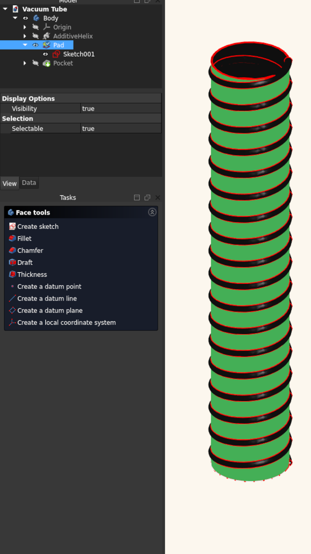 Cylindrical airtight shell 0.5mm wall extruded around helix in FreeCAD