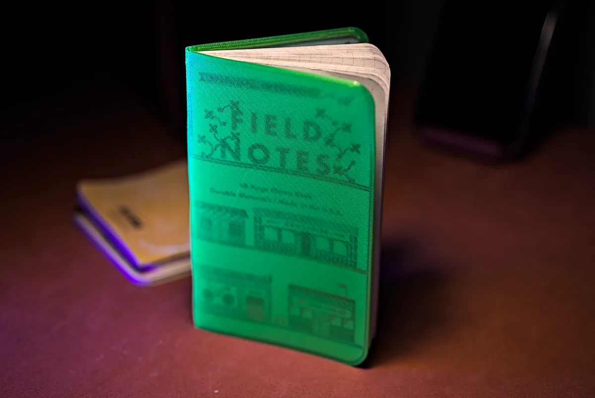 Completed 3D printed Field Notes soft cover in translucent green TPU
